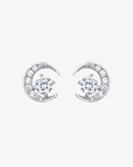 Pair of silver moon-shaped earrings with clear gemstones on a white background