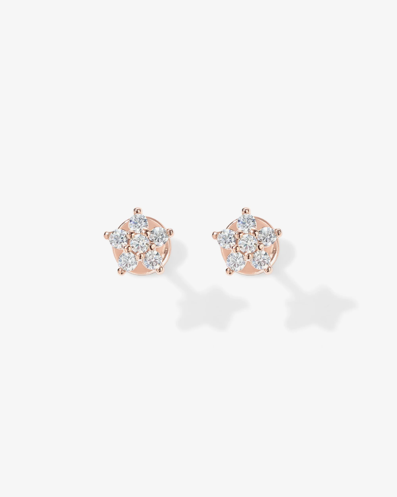 Rose gold earrings with star-shaped diamond design on a white background