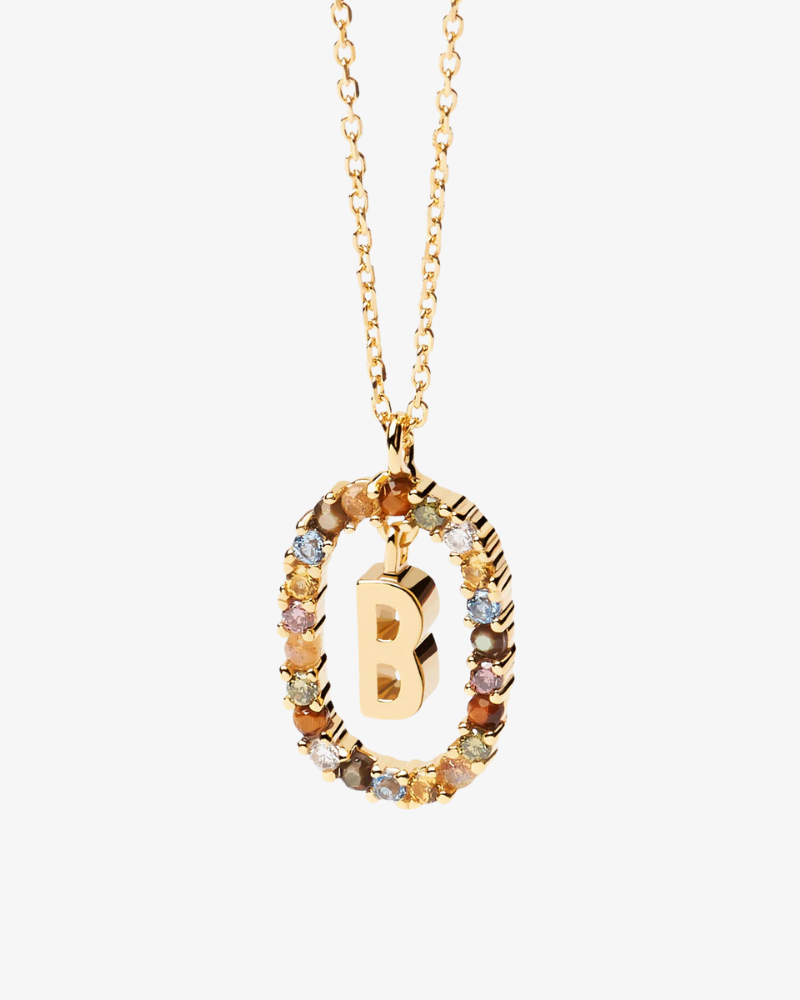 Gold necklace with a multicolored 'B' pendant on a white background
