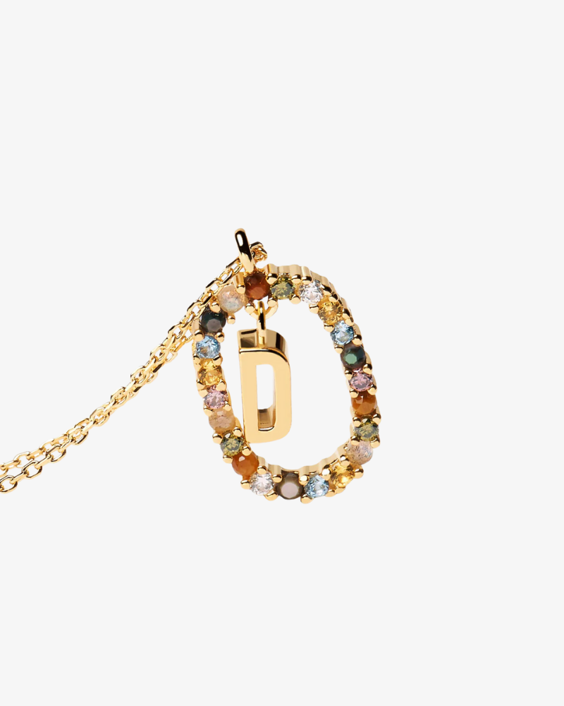 Necklace with a multicolored gemstone pendant and gold chain on a white background