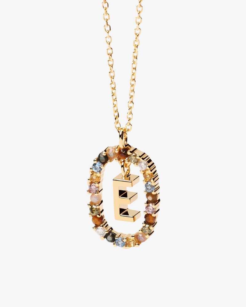 Gold necklace with multicolored beads on a white background