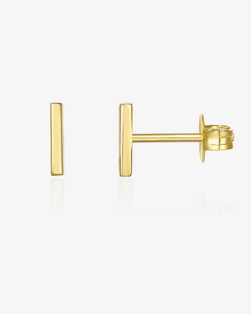 Gold bar stud earrings on a white background