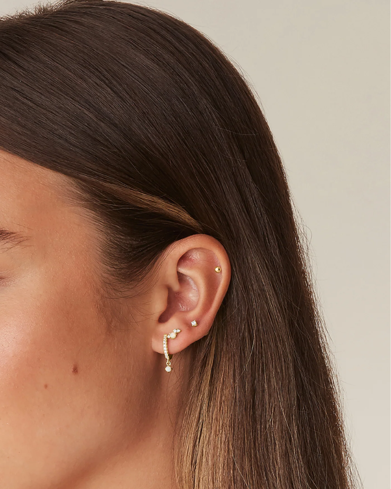 Model wearing Cubic Zirconia Flatback Stud in Helix and Lobe piercing