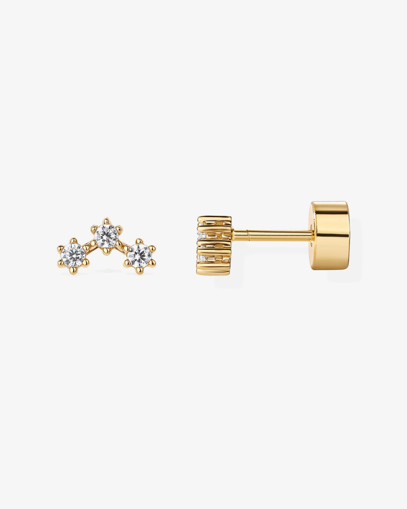 Gold stud earring and diamond-studded earring on a white background