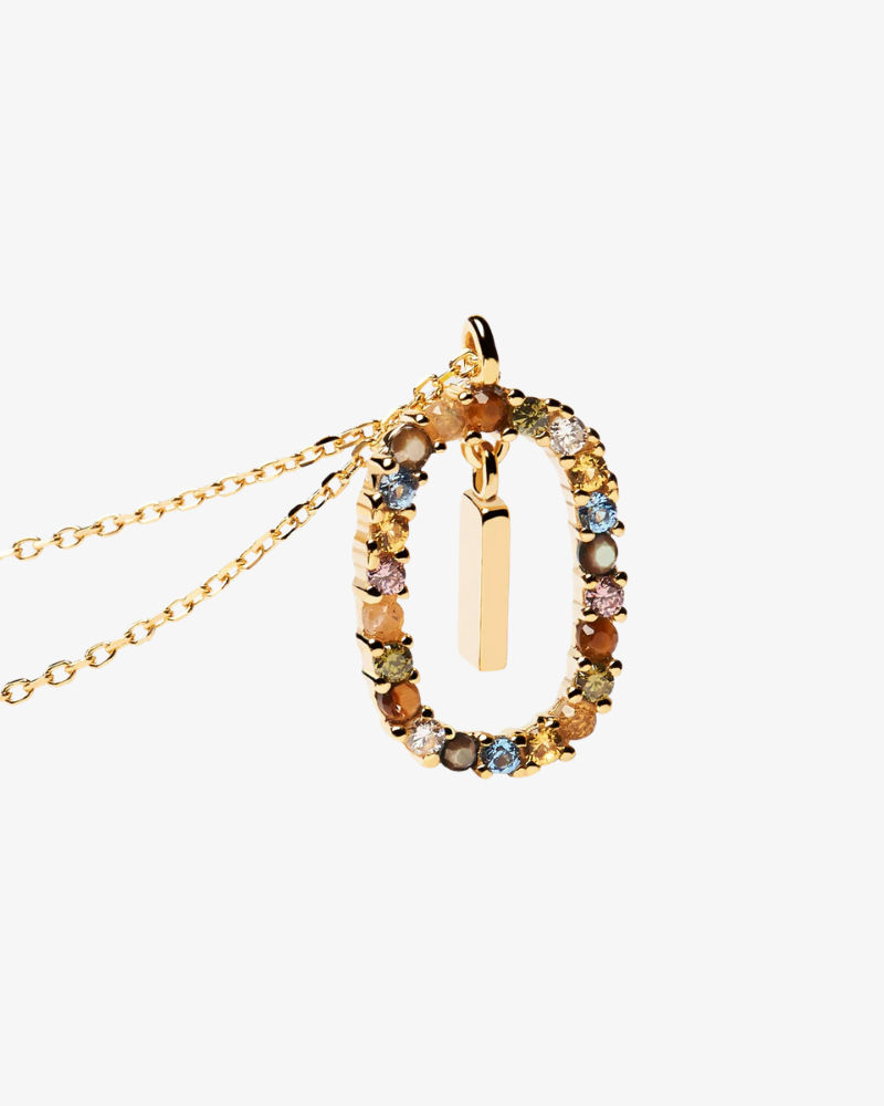 Necklace with multicolored gemstones and a gold chain on a white background