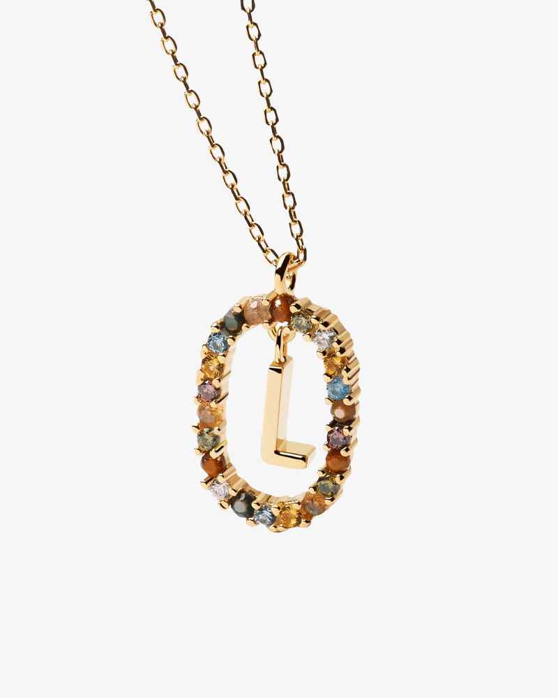 Gold necklace with a multicolored gemstone pendant on a white background