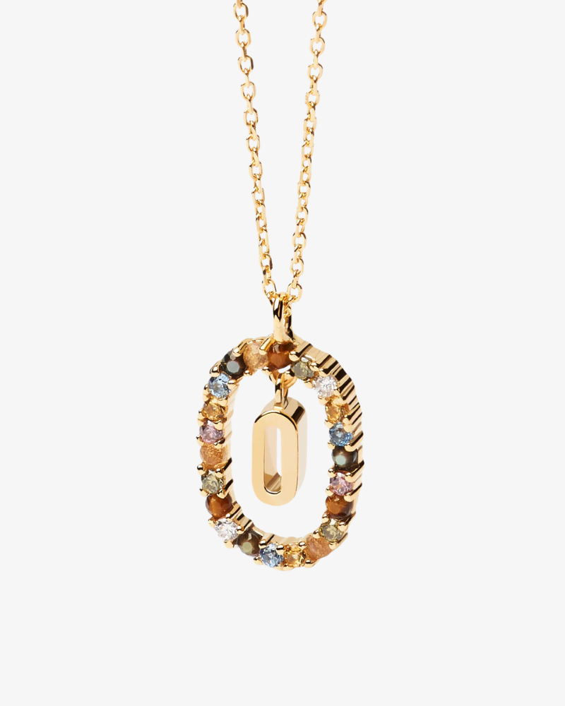 Gold necklace with a colorful pendant on a white background