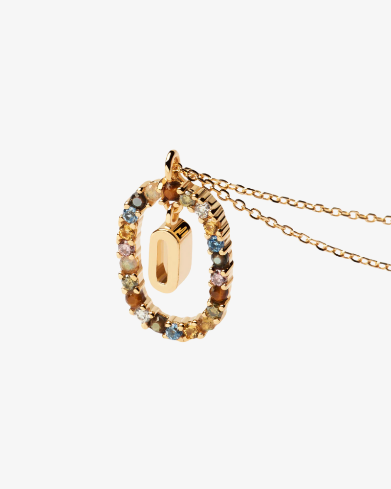 Gold necklace with a colorful pendant on a white background