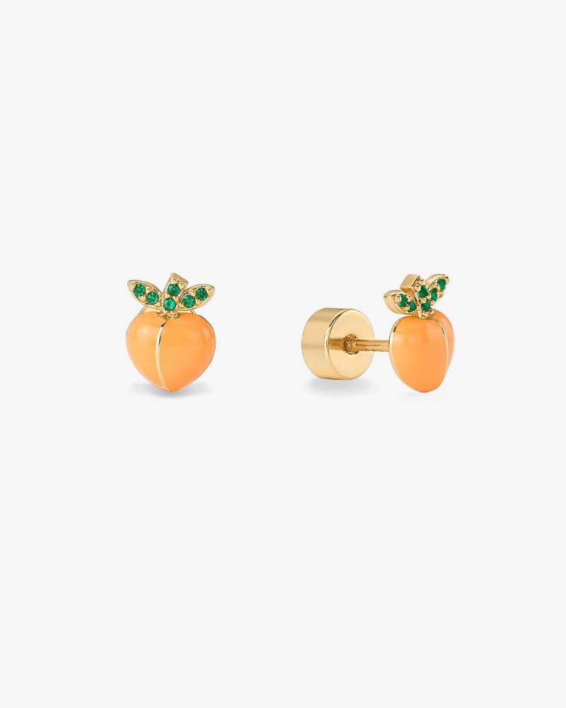 Pineapple-shaped earrings with gold and green details on a white background