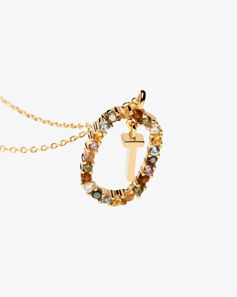Gold necklace with a multicolored gemstone pendant on a white background