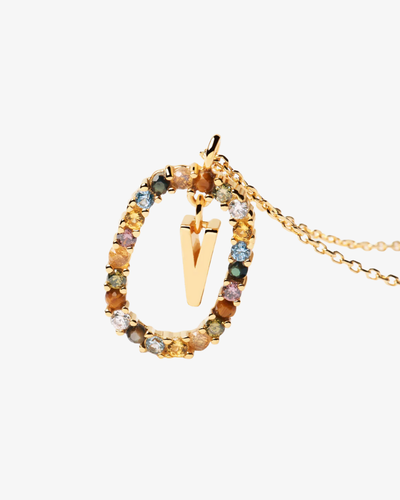 Necklace with a multicolored gemstone pendant on a white background