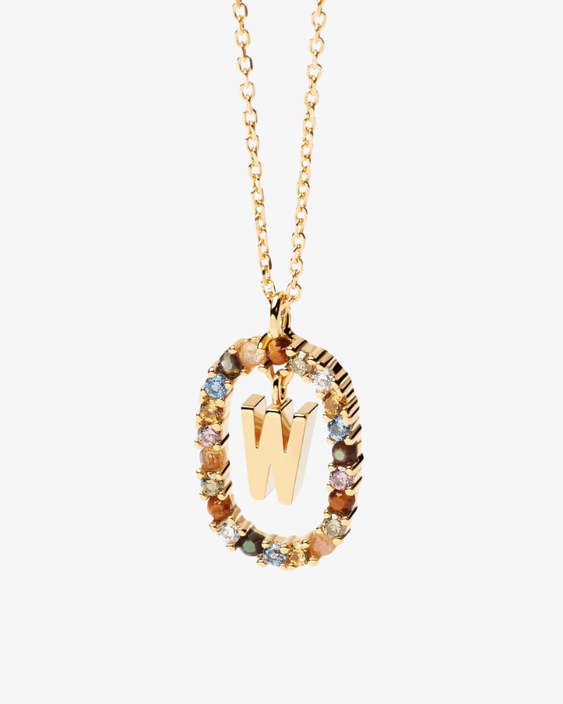 Gold necklace with a multicolored 'W' pendant on a white background