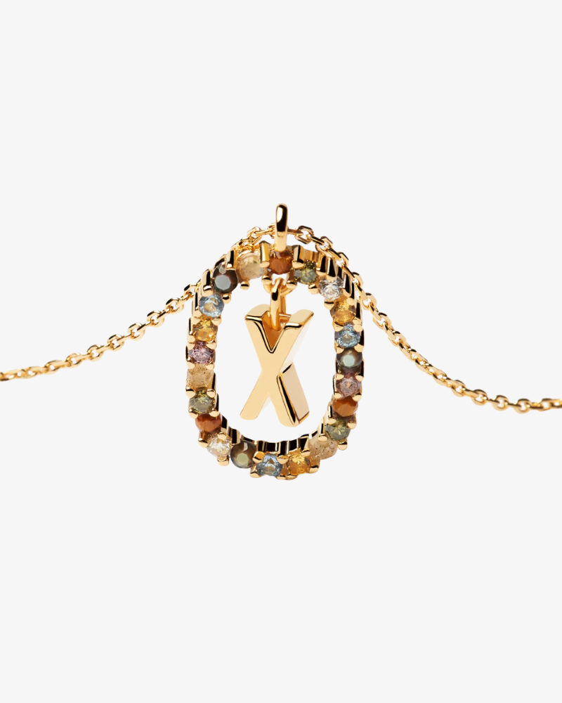 Necklace with a gold 'X' pendant on a white background