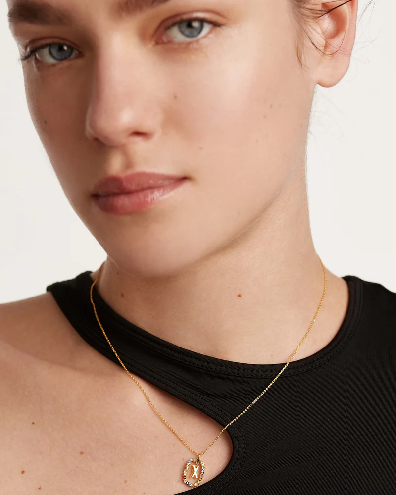 Close-up of a person wearing a gold necklace with a pendant on a plain background